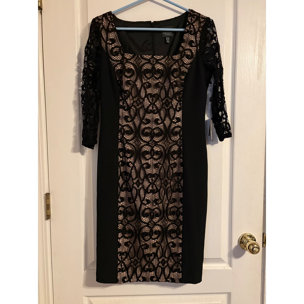 Adrianna Papell Sheath Dress Womens 6 Black NWT Lace Square Neck 014228810